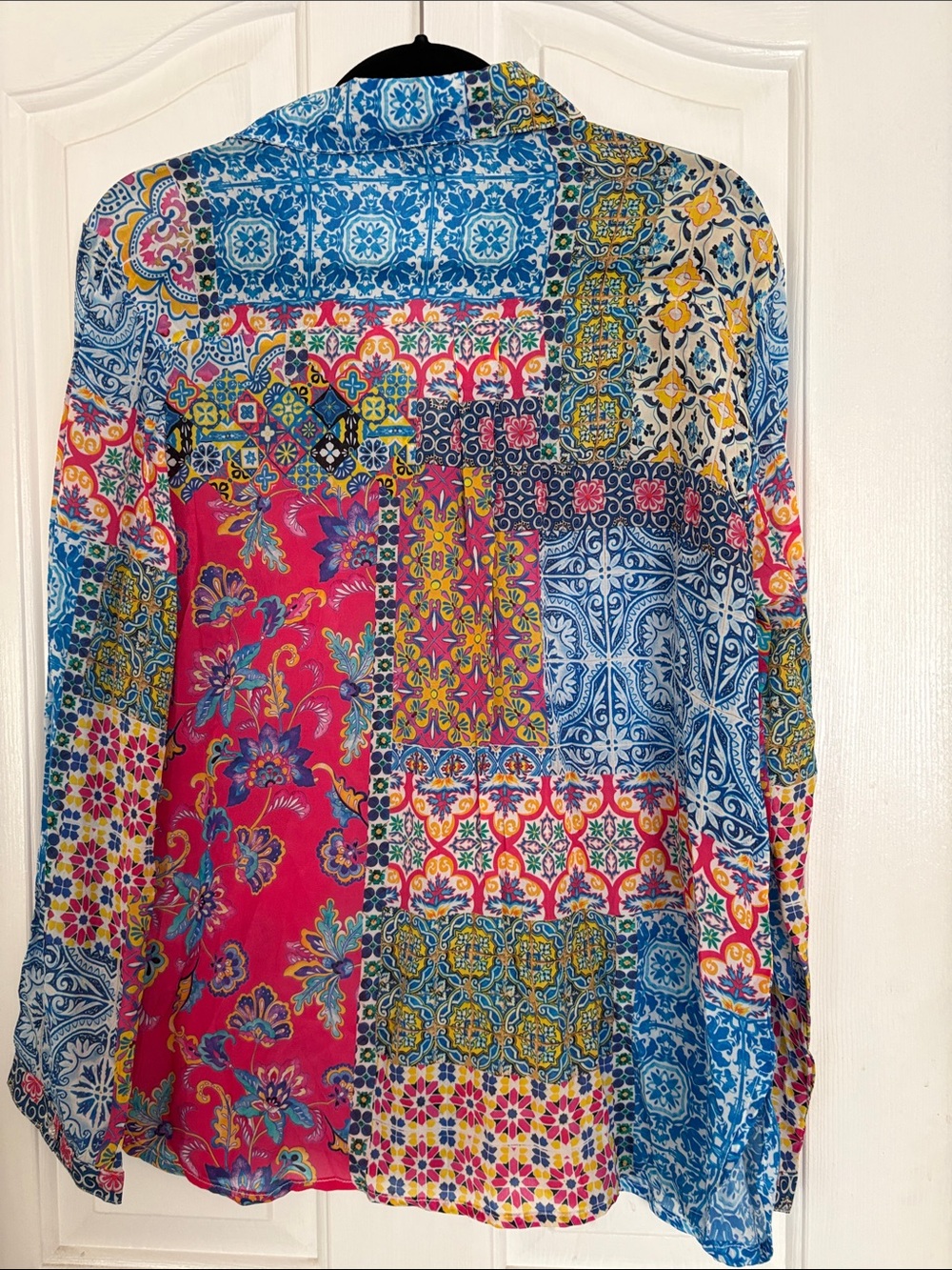 Shana Vibrant Blue and Pink Patchwork Button-Down Shirt - Picture 4 of 4